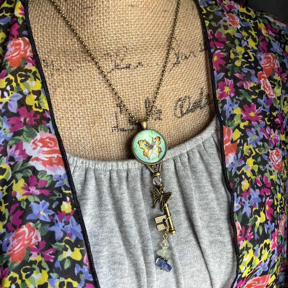 Handmade Butterfly Glass Cabochon Skeleton Key Pendant Necklace - Picture 5 of 13